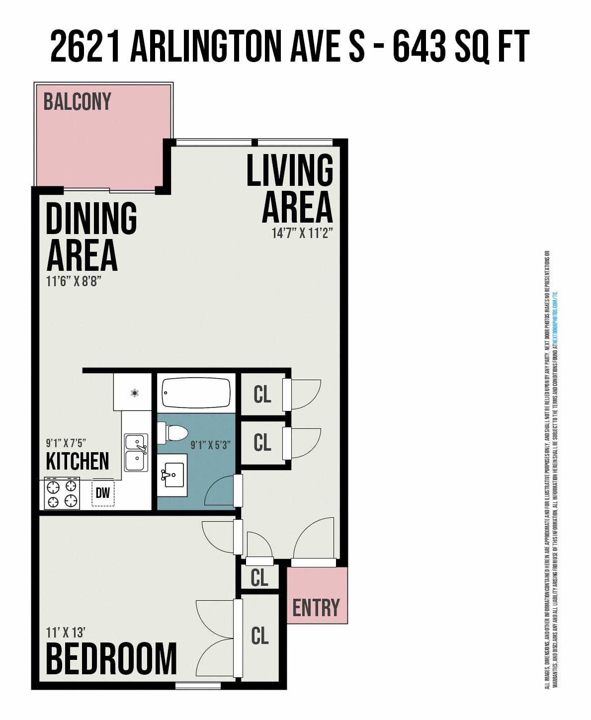 Floor plan for 1 bed, 1 bath, 750 sqft